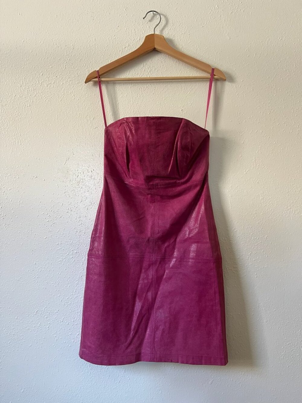 RARE 90's vintage strapless magenta/pink leather dress by Express